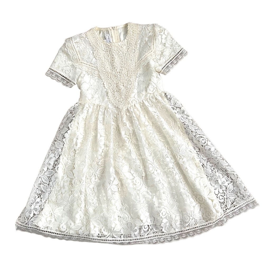 Vintage 80s Jessica McClintock Girls Short Sleeve Cream Lace Dress Sash Tie